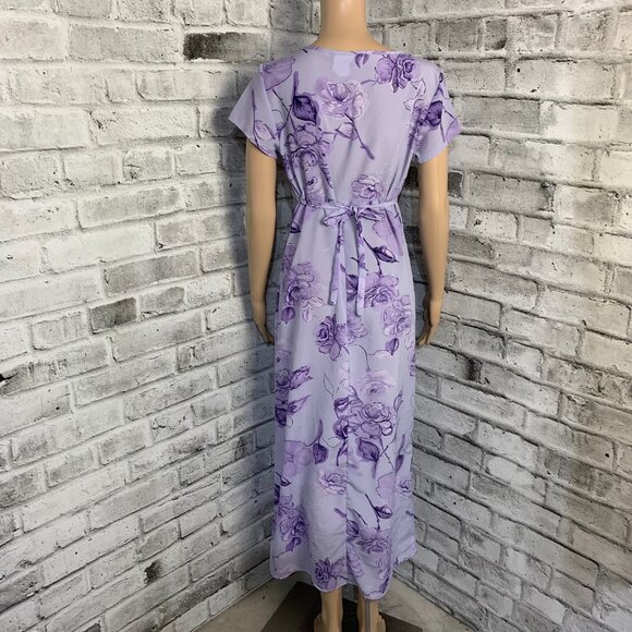 Vintage 90s Purple Floral Midi Dress Empire Waist Short Sleeve Tie Back - Picture 6 of 16